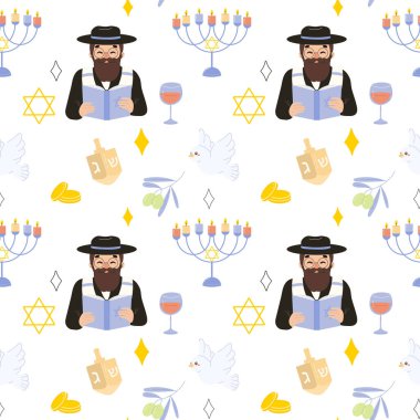 Hanukkah, seamless pattern. Jew, Minor and Olive. For wrapping paper and fabric or background. simple clipart