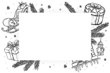 Noel çerçevesi, siyah beyaz klasik eskiz, baskı. Poster, pankart, şablon. 