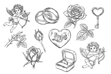 Sevgililer Günü için kabartma çizimi. Kalp, aşk tanrısı, güller. Vektör illüstrasyonu