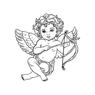 Aşk meleği, oymacılıkta aşk meleği, beyaz arka planda izole edilmiş bir çizim..