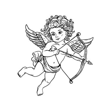 Aşk meleği, oymacılıkta aşk meleği, beyaz arka planda izole edilmiş bir çizim..