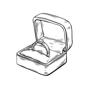 Yüzük kutusu, gravür stili teklif, taslak. Vektör illüstrasyonu.