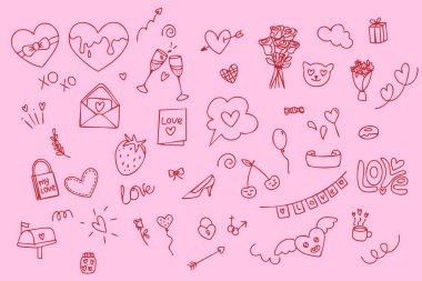 Sevgililer Günü için karalama el çizimleri. Kırmızı kalpler, tasarım elementleri