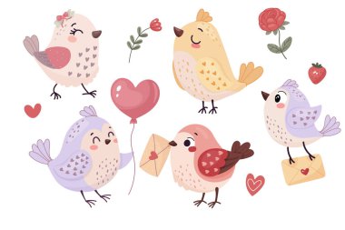 Sevimli kuşlar, aşk ve sevgililer günü seti. İzole edilmiş beyaz bir arkaplanda.