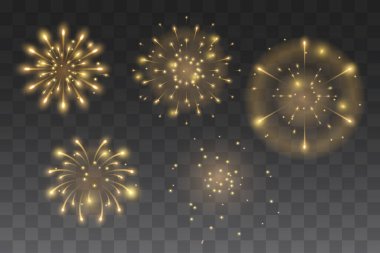Altın, sarı, şeffaf arkaplanda bayram havai fişekleri. Vektör illüstrasyonu