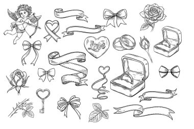 Siyah beyaz çizimler, Sevgililer Günü için parmak izleri. Kalp, aşk tanrısı, güller