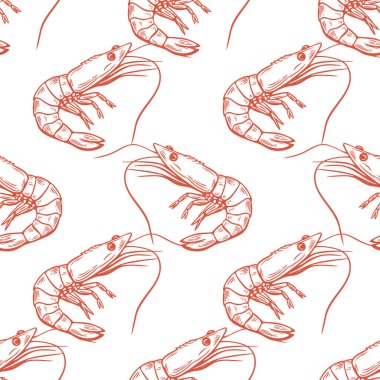 Kusursuz desen, karides, çizgi deseni, beyaz arka planda kırmızı. Paketleme, paketleme, arkaplan.