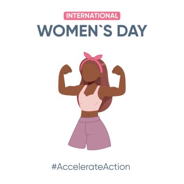 Simple postcard, banner, poster dark-skinned girl shows biceps, strength, action, womens international day clipart