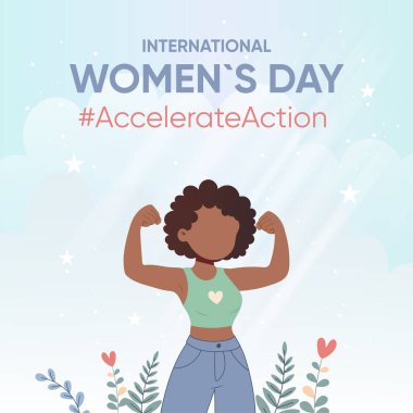 Simple postcard, banner, poster dark-skinned girl shows biceps, strength, action, womens international day clipart