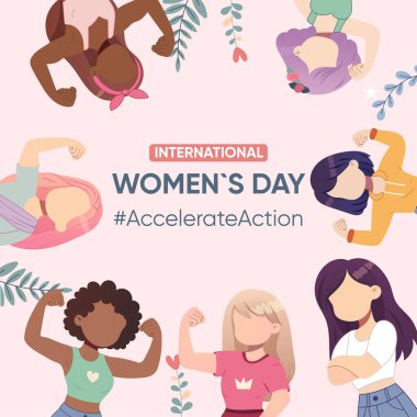 Simple postcard, banner, poster girls show biceps, accelerate action, womens international day, diversity clipart