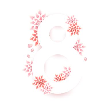 8 Mart, kartpostal, 3D narin çiçekler, beyaz arka planda uluslararası kadınlar günü.