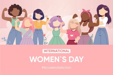 Simple postcard, banner, poster girls show biceps, accelerate action, pink womens international day, diversity clipart