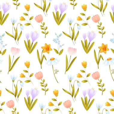 Bahar çiçeklerinin kusursuz deseni. Lale, nergis, crocus, papatya. Vektör illüstrasyonu
