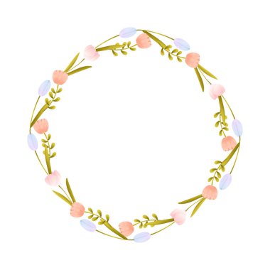 Bahar süslemeleri ve el sanatları için pastel çiçekler ve yeşillik içeren güzel bir çelenk tasarımı.