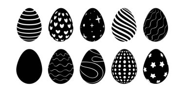 Siyah ve beyaz siluetler, değişik şekillerde Paskalya yumurtaları, vektör.