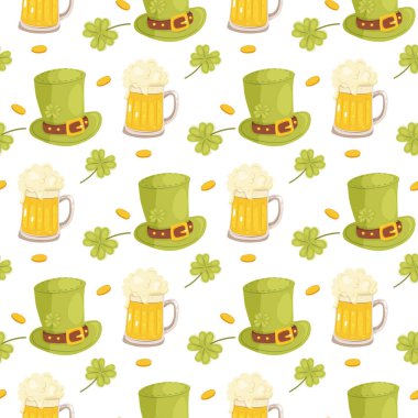 Kusursuz St. Patrick şablonu. Bira, şapka, ayakkabı ve çizgili pantolon. Arka planda, ambalaj kağıdı, kumaş