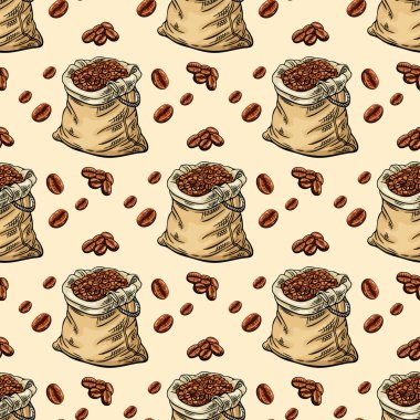 Kabartma, kahve çekirdekleri, renkli vektör illüstrasyonları ve kusursuz desenli çizimler.