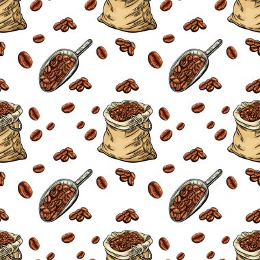 Kabartma, kahve çekirdekleri, renkli vektör illüstrasyonları ve kusursuz desenli çizimler.