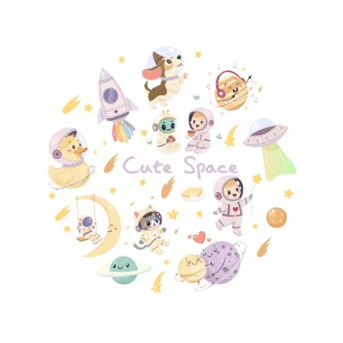 Bir dizi şirin uzay çizimleri. Astronotlar, roket, sevimli kedi ve köpek, ördek, uzaylı ve gezegenler. Yazdır, yücelt