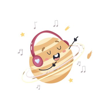 Kulaklıklı sevimli gezegen şarkı söylüyor. Çocuk baskısı, yüceltme, kart için. Vektör düz resimleme