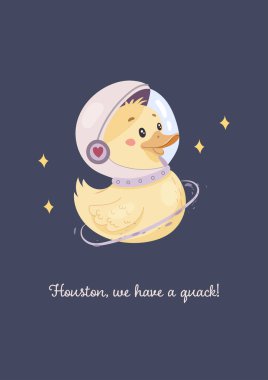 Uzay komik sevgililer günü kartı, uzay ördeği. Vektör basit illüstrasyon