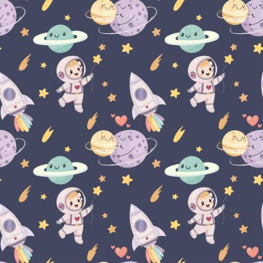 Kusursuz uzay deseni, şirin uzay bebek deseni. Gezegen ve roket