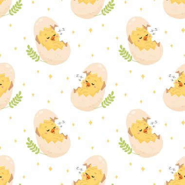 Yumurta içinde uyuyan piliçlerle kusursuz Paskalya deseni. Kağıt, Kumaş ve Dijital Kullanım için Pastel Yay Arkaplanı