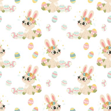 Kusursuz Paskalya Tavşanı ve Yumurta Örnekleri. DIY, Kumaş ve Yazdırma Projeleri için El Çizimi Yayı Dijital Kağıdı