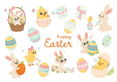 Mutlu Paskalya Clipart Seti, Şirin Tavşanlar Hatunlar ve Dekoratif Yumurta İllüstrasyonu