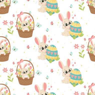 Paskalya Tavşanı ve Sepet Şablonu, El Çizimi Kusursuz Bahar Tasarımları Arkaplanı