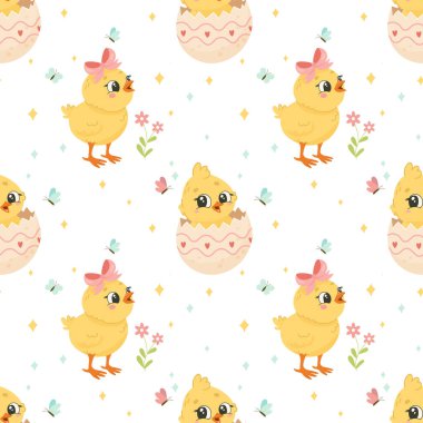  Seamless Pattern with Cute Easter Chicks white background