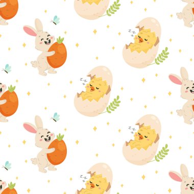  Seamless Easter Pattern with Bunny and Chick