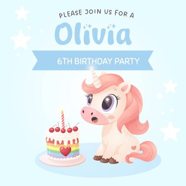 Mutlu Tekboynuz Doğumgünü Pasta Sihirli Partisi Clipart