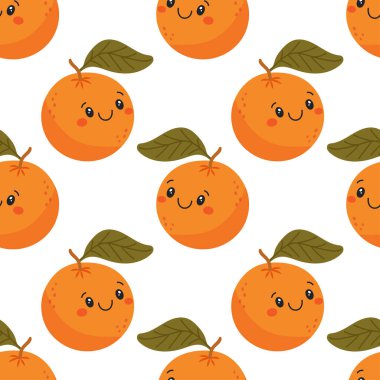 Şirin Kawaii Mandarinleri ve Yaprakları ile Kusursuz Desen