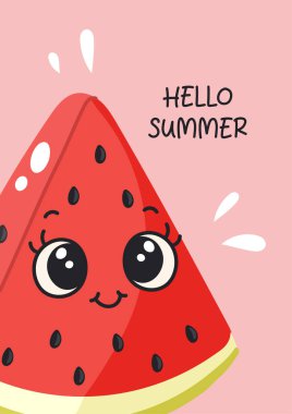 Gülen Kawaii Çizgi Film Yüzlü Şirin Karpuz Dilimi Merhaba Yaz