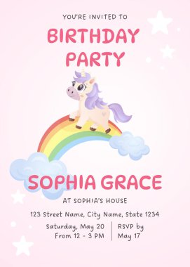Pastel tek boynuzlu at gökkuşağında yürüyor bulutlarla tatlı bir doğum günü davetiyesi tasarımı 