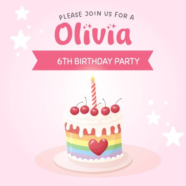 Kirazlı ve mumlu gökkuşağı pastası içeren şirin bir doğum günü davetiyesi tasarımı