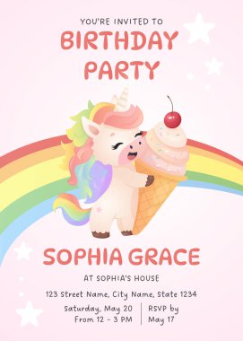 Gökkuşağı dondurmalı tek boynuzlu atın doğum günü partisi davetiyesi