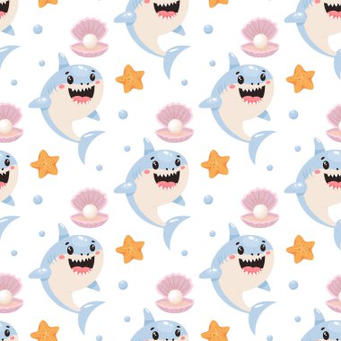 Gülümseyen köpekbalıkları, pembe istiridye kabukları, inciler ve deniz yıldızlarıyla kusursuz çizgi film desenleri.