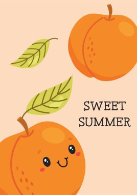 Yapraklı mutlu kayısı ve arka planda tatlı yaz mesajı