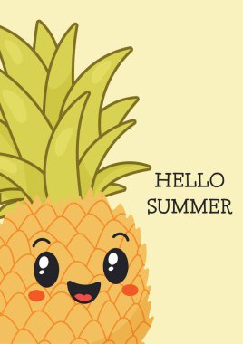 Yeşil taçlı mutlu ananas karakteri ve merhaba yaz metni.