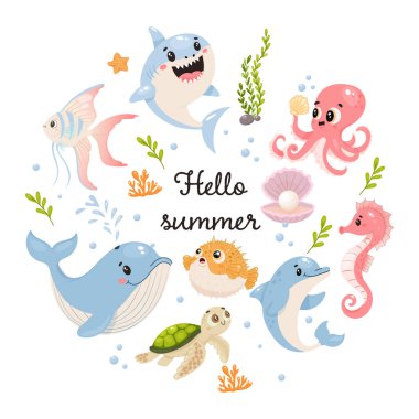 Merhaba yaz posteri. Çizgi filmlerde daireler çizen deniz hayvanları.