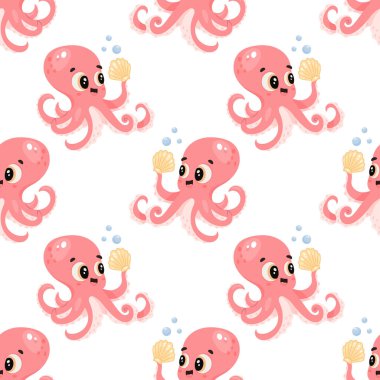 Gülen pembe çizgi film ahtapotunun kabuğunu tutan kusursuz deseni.