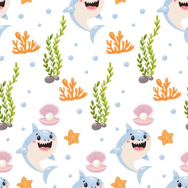 Çizgi film köpekbalığı deseni, deniz yosunu mercanı ve kabuklu.