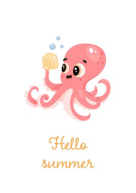 Mutlu pembe ahtapot, deniz kabuğunu tutuyor.