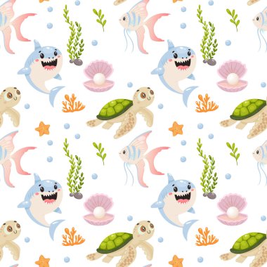 Köpekbalığı kaplumbağası balığı deniz desenli şirin, kusursuz okyanus arka plan çizgi filmini tekrarla