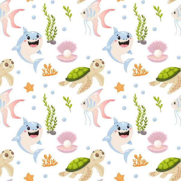 Köpekbalığı kaplumbağası balığı deniz desenli şirin, kusursuz okyanus arka plan çizgi filmini tekrarla