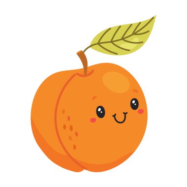 Gülen yüzlü ve yeşil yapraklı şirin bir çizgi film kayısı.