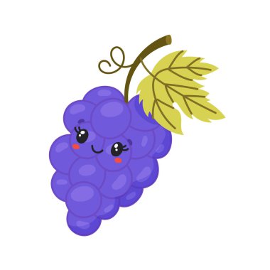 Gülen karikatür mor üzümler şirin yüz ve yaprak detaylarıyla