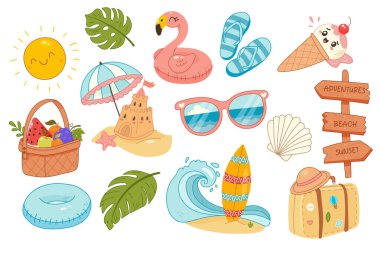Plaj eşyalarının olduğu parlak çizgi film seti: Meyve, şamandıra, güneş, levha, kabuk, güneş gözlüğü, şemsiye, sörf tahtası ve kumdan kale.